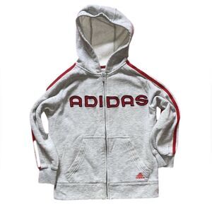 Adidas Boy’s Gray and Red Full Zip Hoodie with Three Stripes on Sleeves